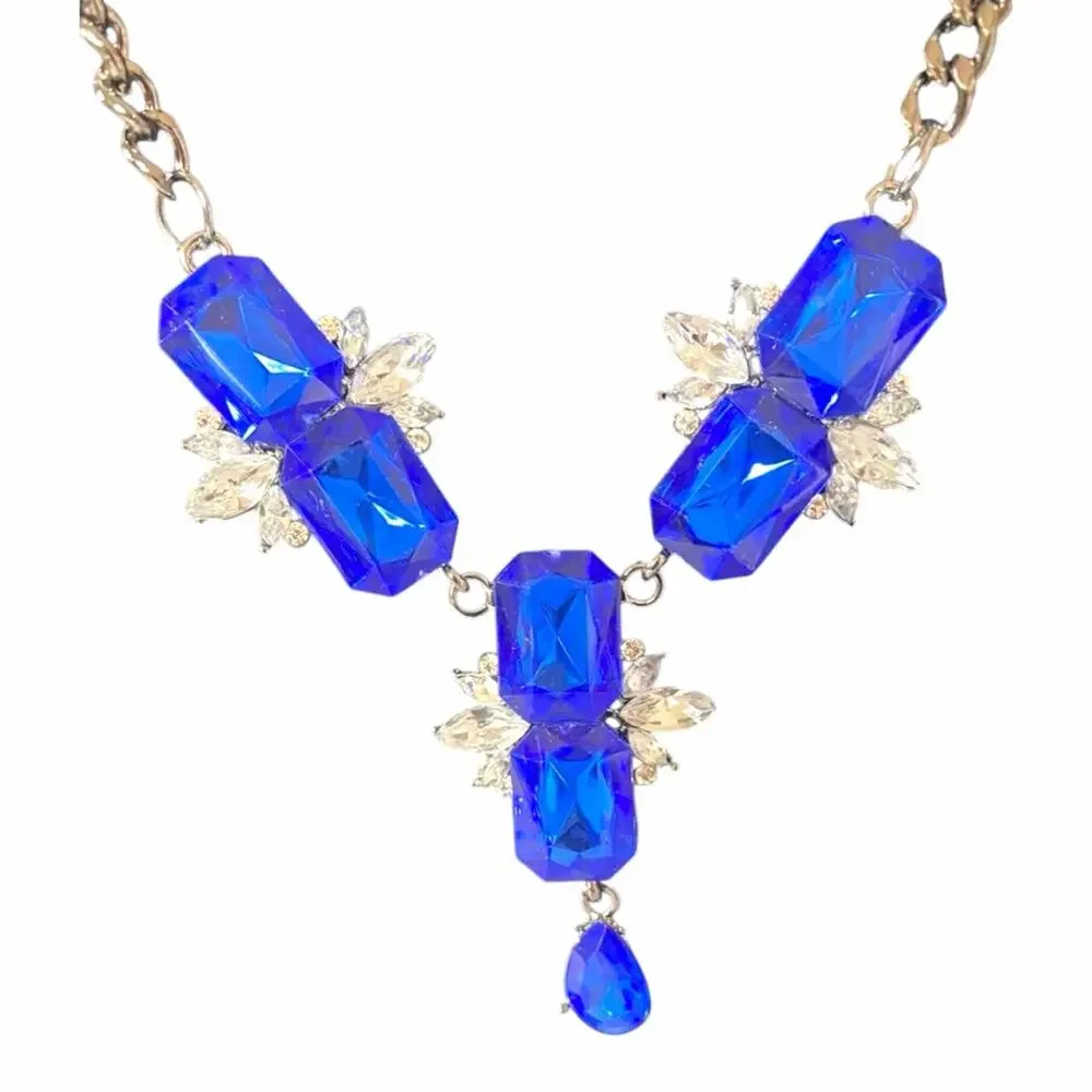 Blue Crystal Statement Necklace Set Matching Earrings Rhinestone Jewelry